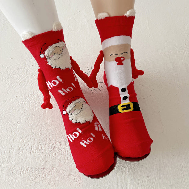 Christmas Magnetic Socks Cute Elk Santa Claus Snowman Hand-holding Socks For Couple