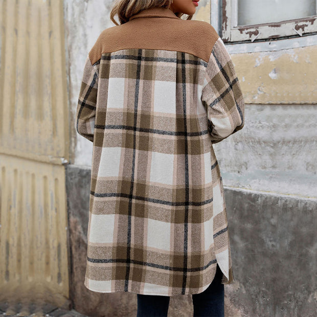 New Brushed Plaid Long Coat With Pockets Fashion Winter Jacket Outwear Women's Clothing