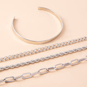 Silver Twist Cuban Chain Bracelet Set For Women