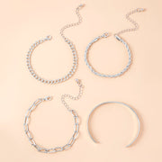 Silver Twist Cuban Chain Bracelet Set For Women