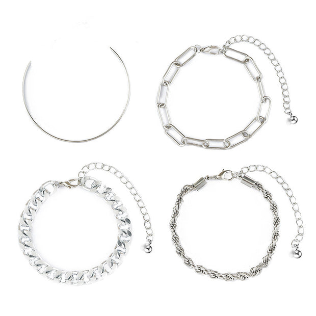 Silver Twist Cuban Chain Bracelet Set For Women