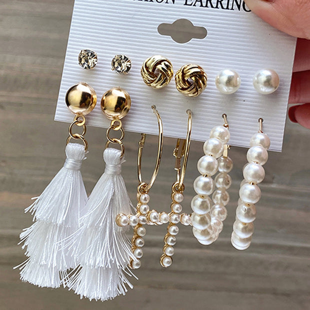 Fashion Gold Hoop Earrings Ladies Pearl Punk Set