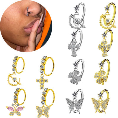 Nose Piercing Hoop Ring Hinged Butterfly Zircon Septum Pierc