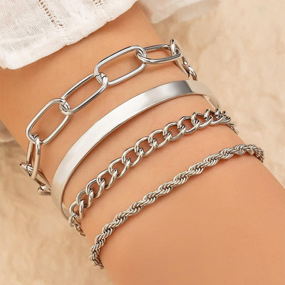 Silver Twist Cuban Chain Bracelet Set For Women